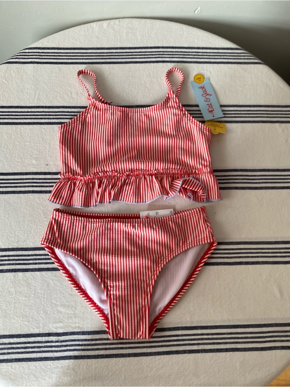 Cat & Jack Red and White Striped Ruffle Two-Piece Swim Set